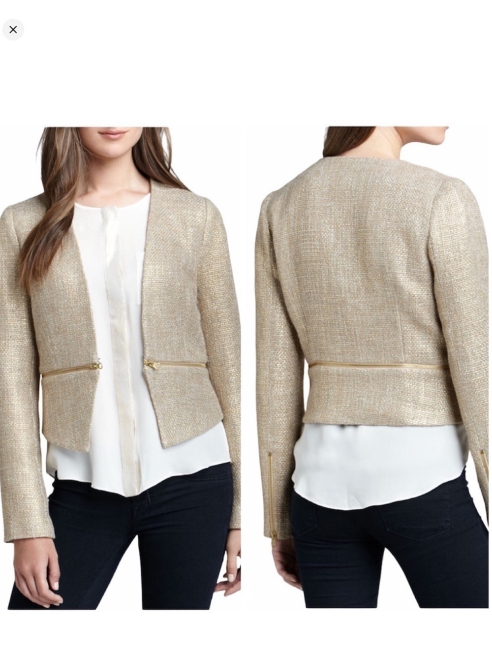 Greylin M Gold Collarless Open Front Zipper
Hem Blazer Jacket